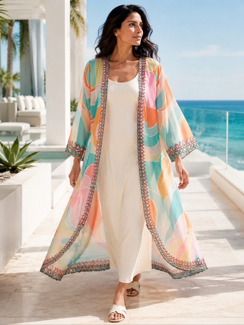 NWT Ranee's Miami Maxi Kimono Duster Crystal Resort Cover Up O/S